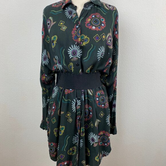 Vintage 80s Tunic Shirt Medium Black Rayon Blouse Embroidered Lagenlook Boho - Picture 8 of 10